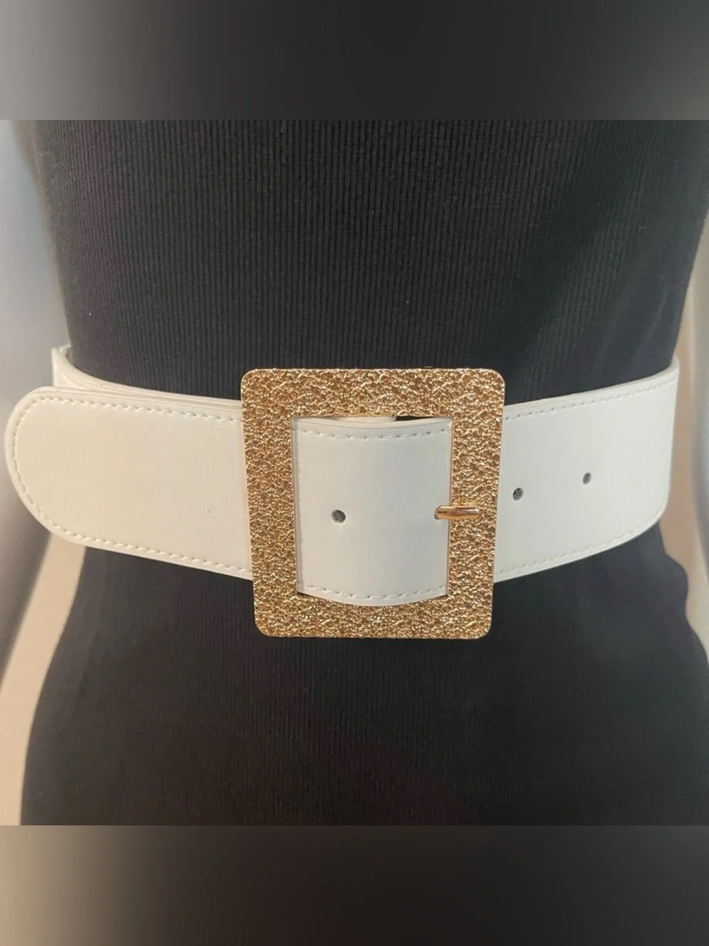 Plus size white PU leather gold tone square buckle elastic waistband belt